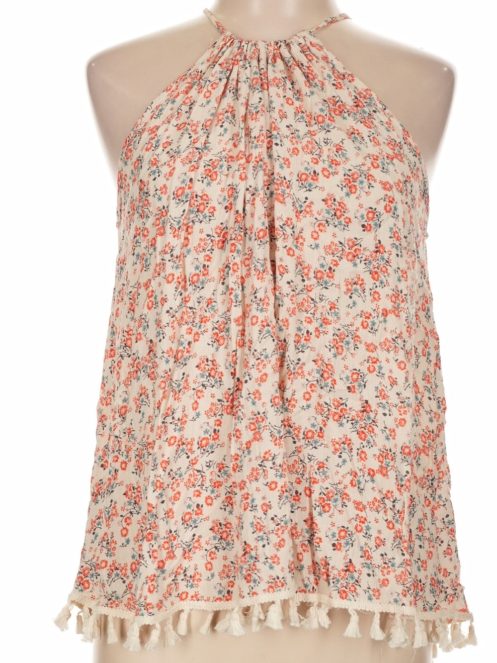 Boho Halter Tassel Camisole - Cream with Coral Floral